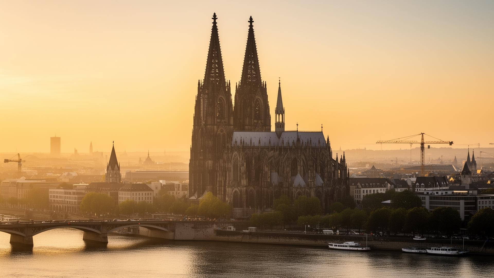 Kölner Dom bei Sonnenuntergang über dem Rhein